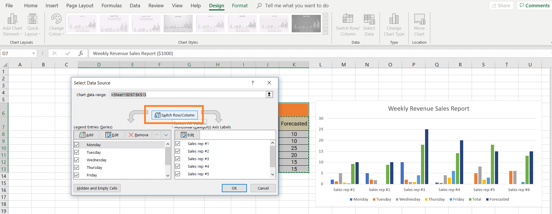Using switch colums in Excel to make a sales report presentation