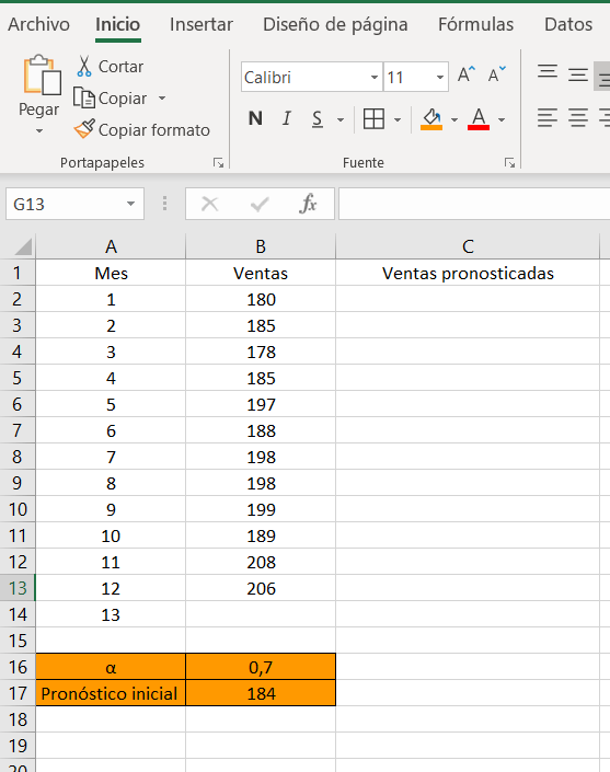 Excel con datos de constante de suavización y pronóstico inicial. 