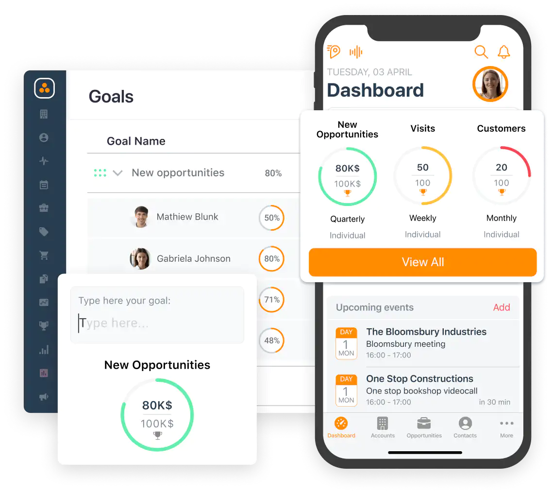 Schermata degli obiettivi del programma di vendite ForceManager e cellulare con il dashboard della app