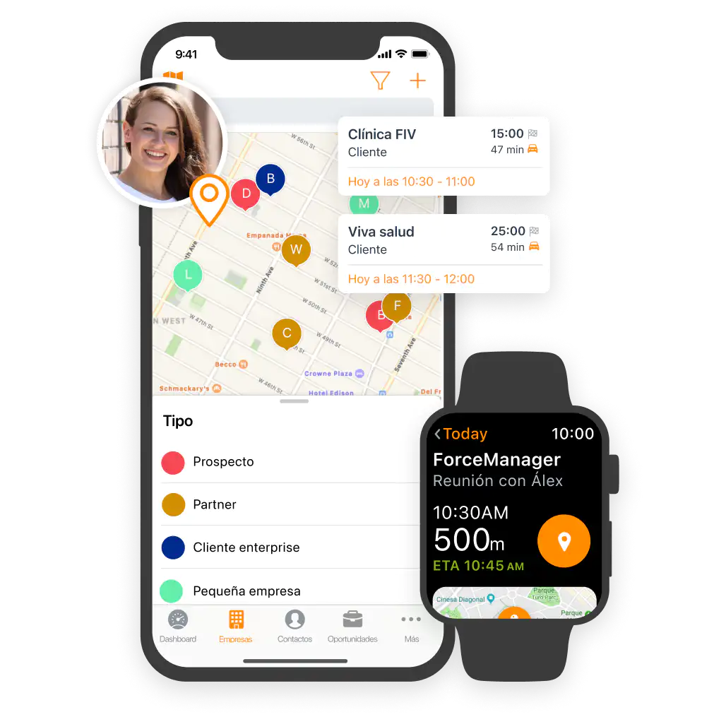 Visualización de cuentas y oportunidades en mapa de un móvil y un smartwatch