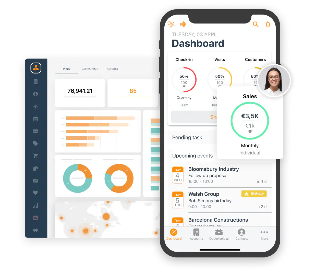 Mobile CRM dashboard desktop with customizable goals in the construction industry.