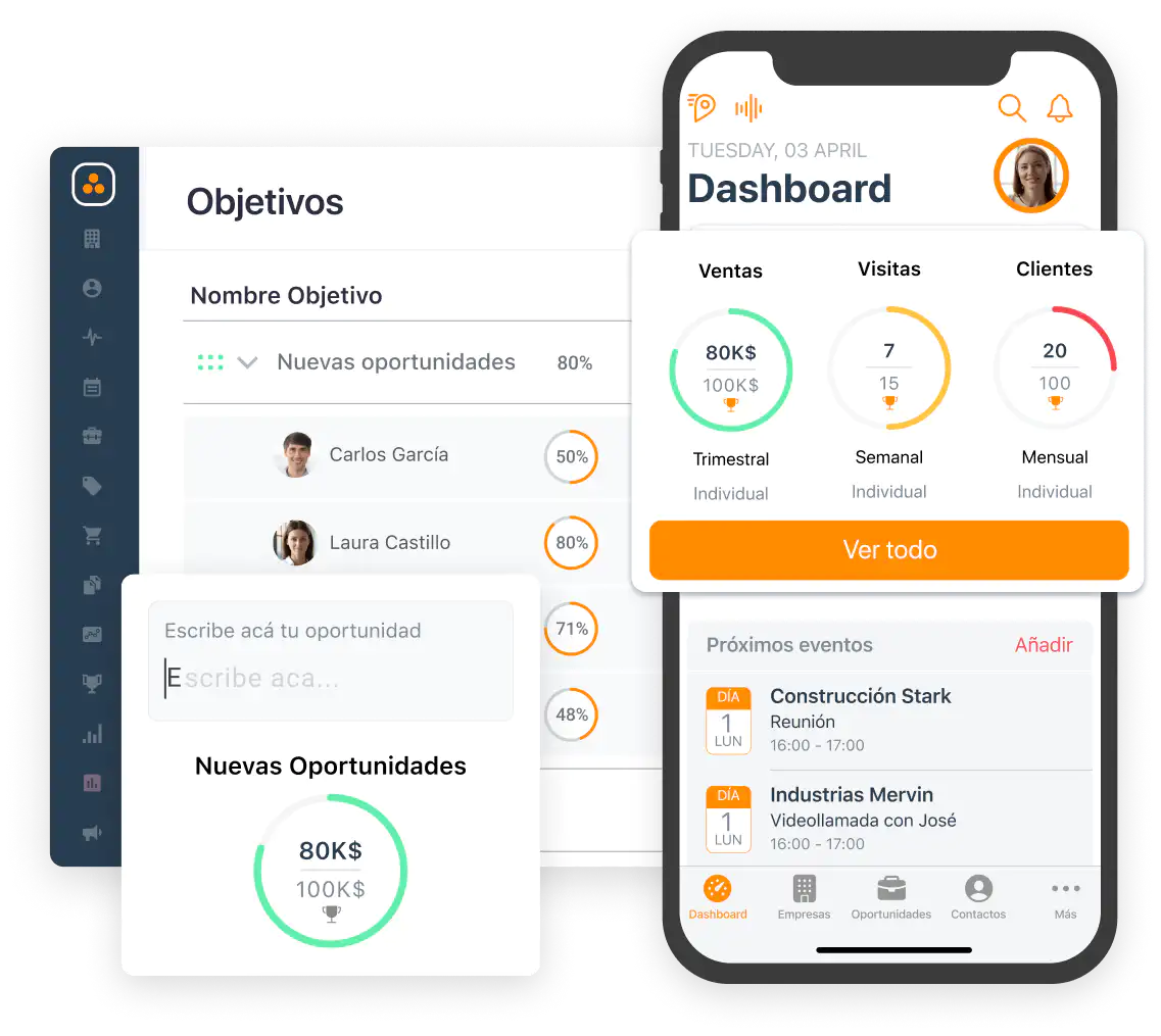 Pantalla de objetivos del programa de ventas ForceManager y móvil con el dashboard de la app
