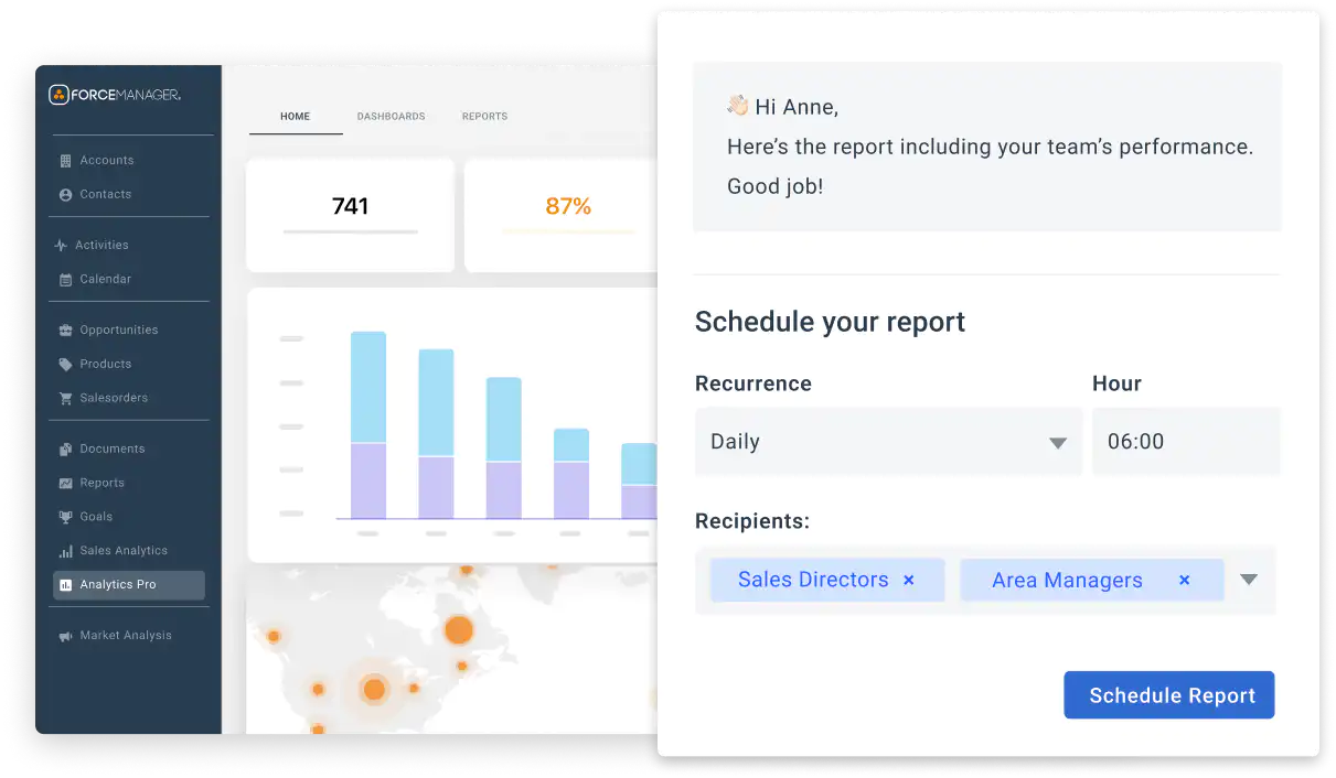 Team performance dashboard. Widget with schedule to send to the sales team.