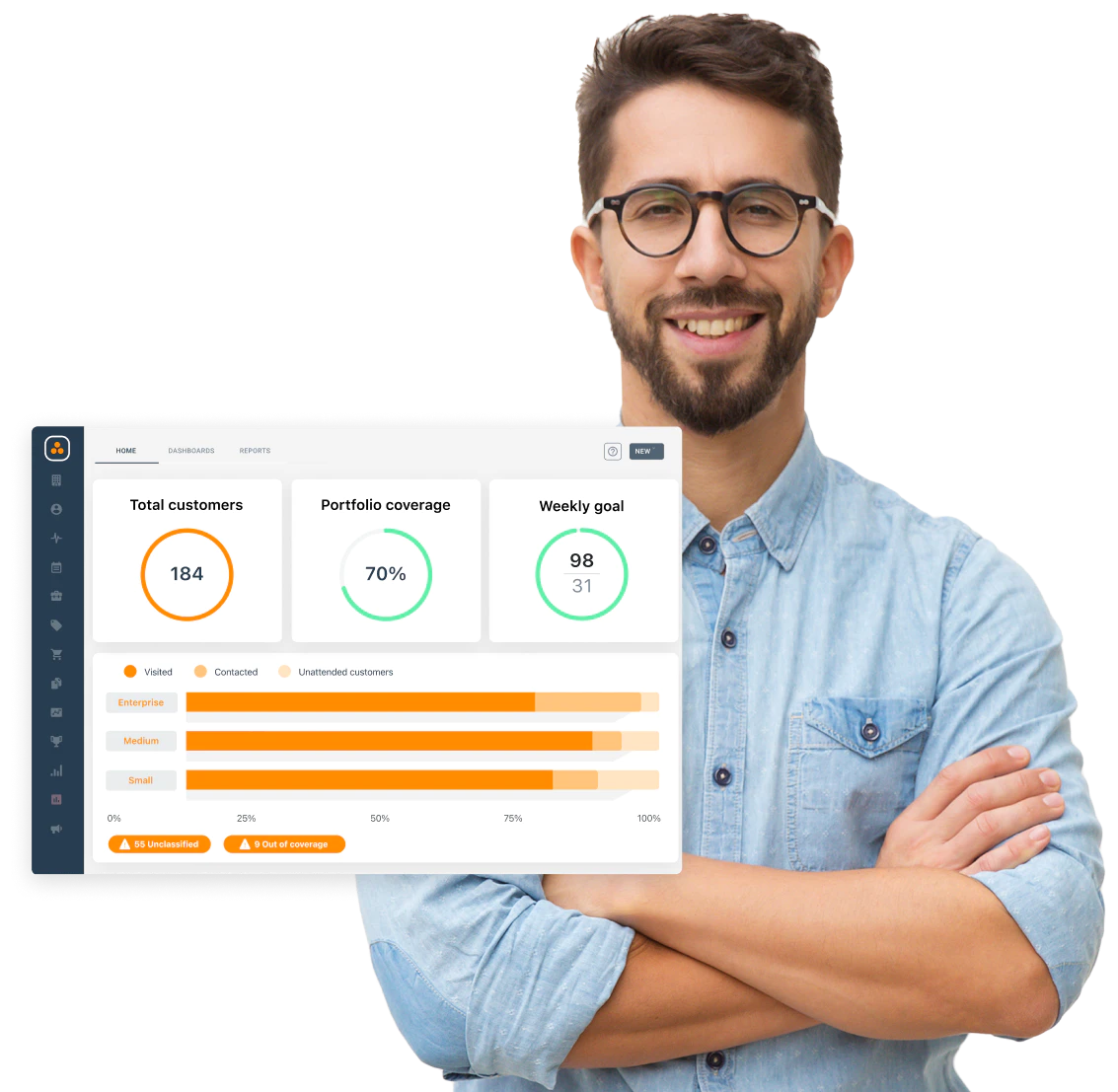 Happy man. Widget with customer portfolio coverage in ForceManager's professional CRM.